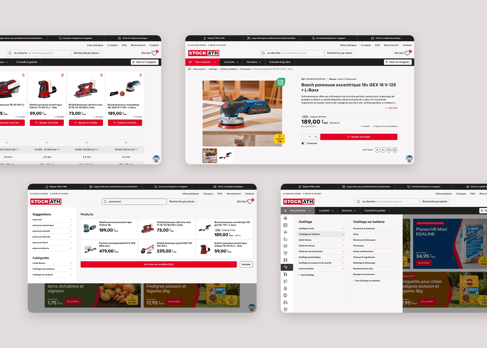 Version desktop du site Stock Ath avec le comparateur de produits, la fiche produit, le moteur de recherche et le menu de navigation.