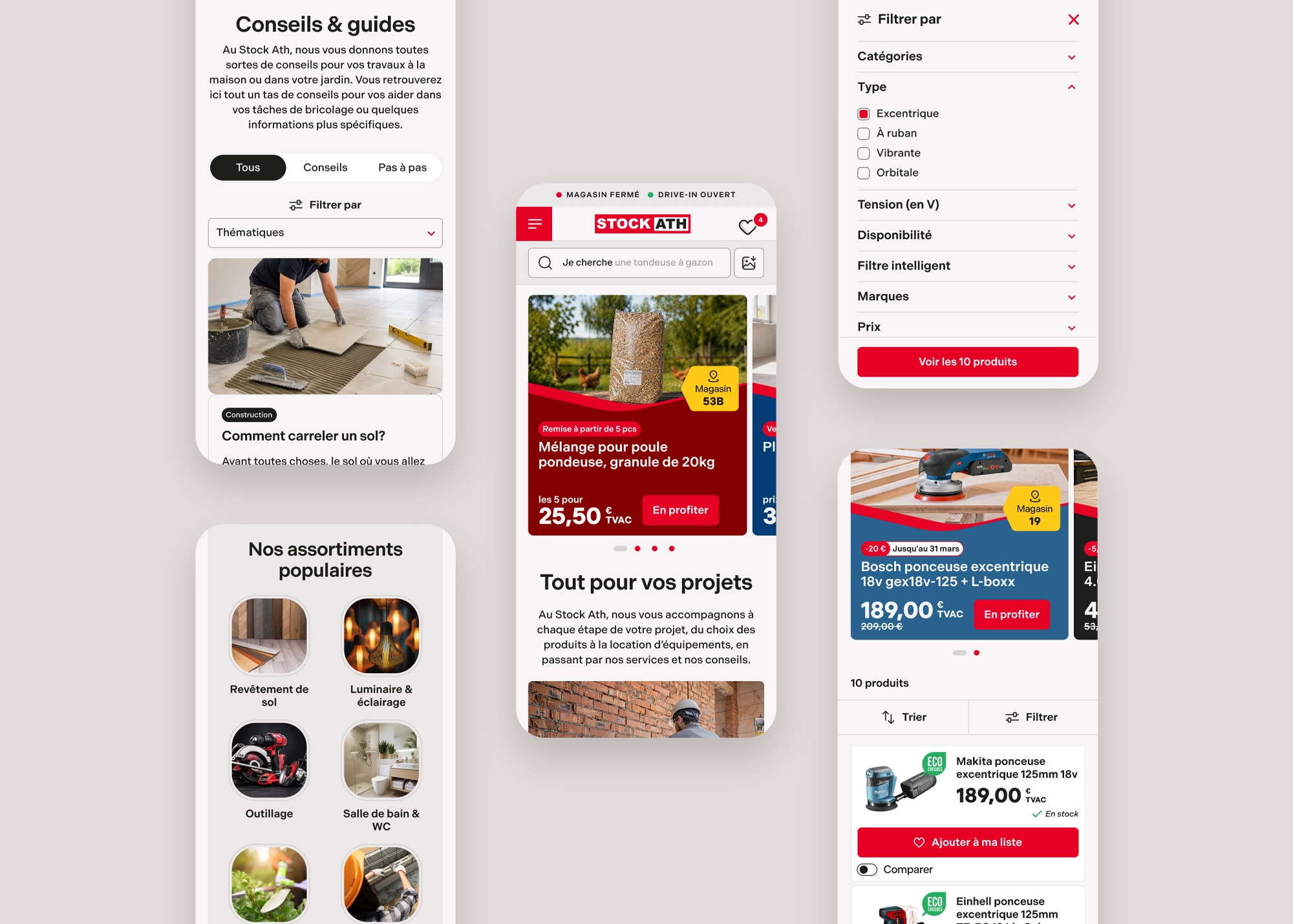 Interface mobile du site Stock Ath présentant les conseils et guides, les filtres, les produits en promotion et les assortiments populaires.