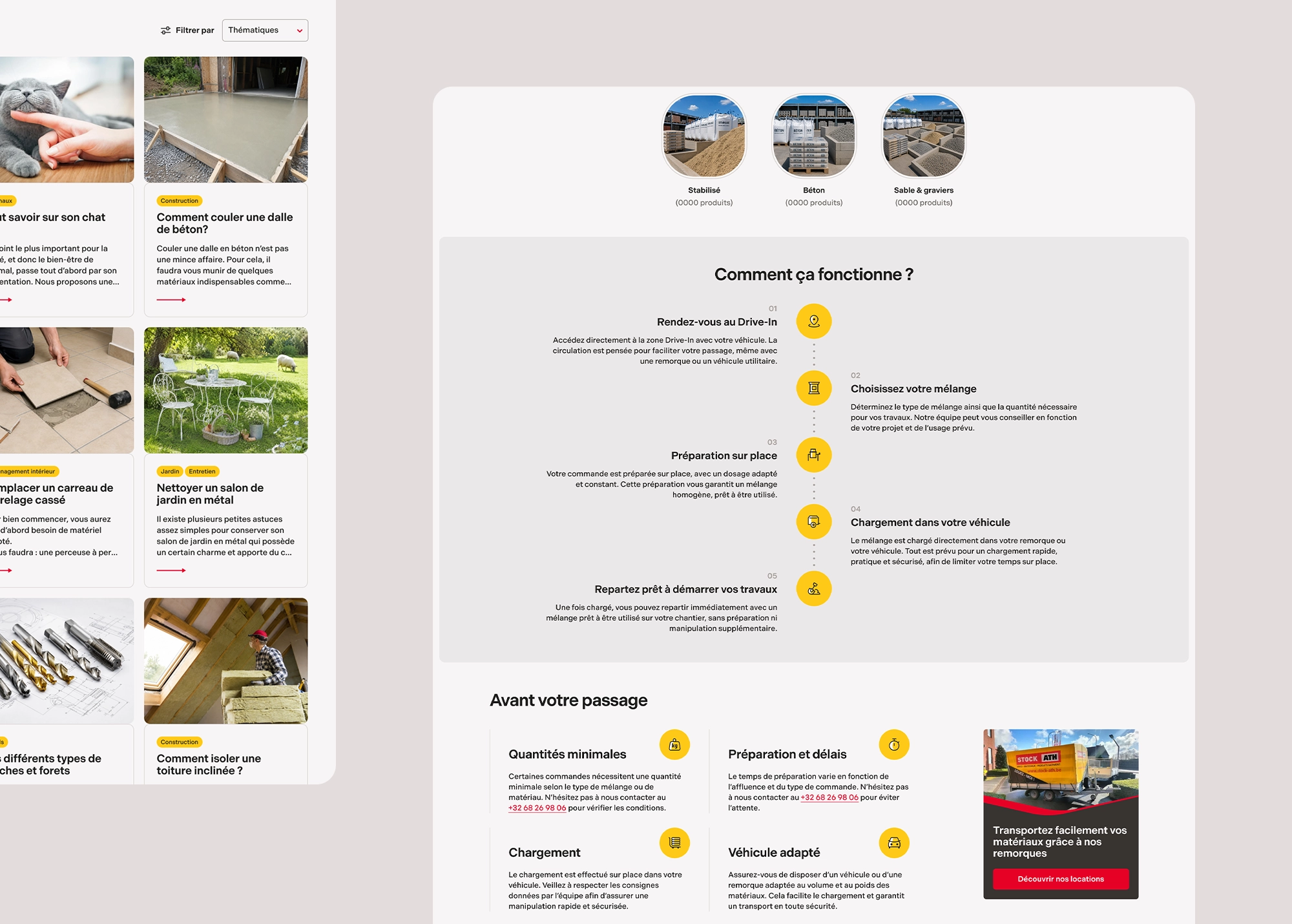 Pages du site Stock Ath présentant le listing des conseils et guides et la page « Stabilisé et béton » dédiée à la commande et au chargement de matériaux de construction.
