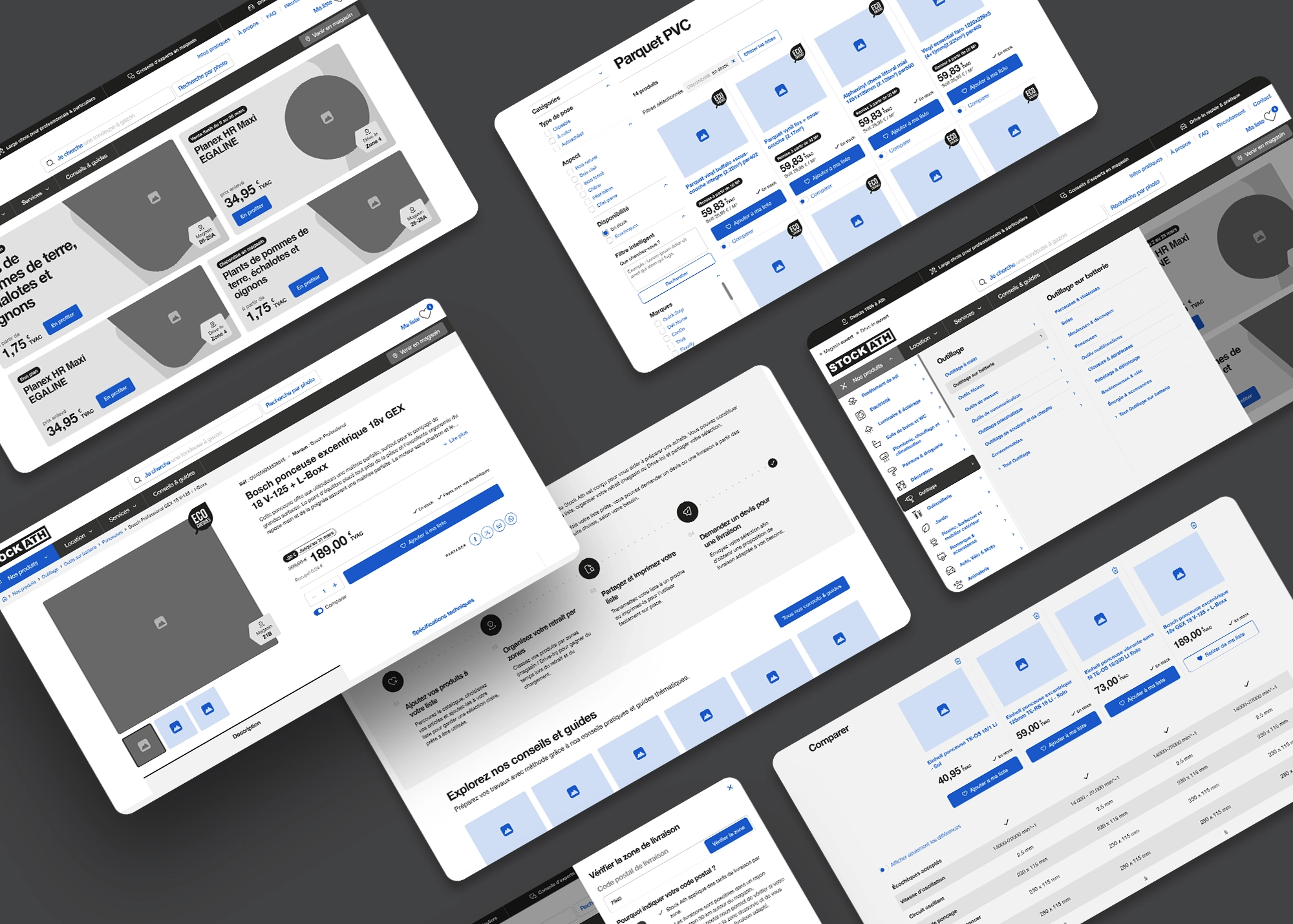 Version desktop du site Stock Ath présentant la page d’accueil, les fiches et blocs produits ainsi que le menu de navigation.
