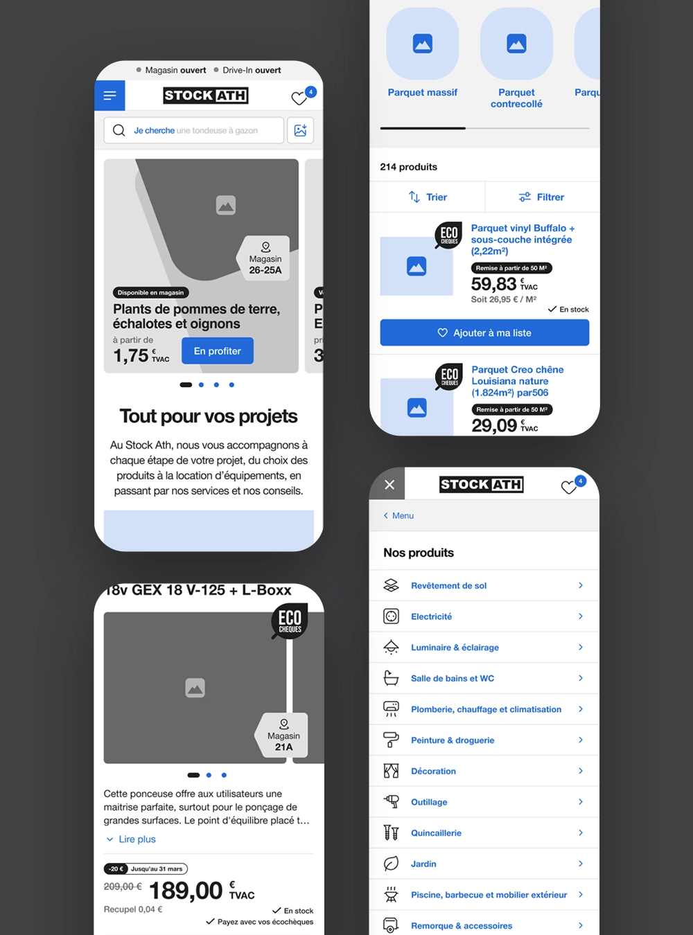 Version mobile du site Stock Ath avec la page d’accueil, la recherche, les blocs produits et le menu de navigation.
